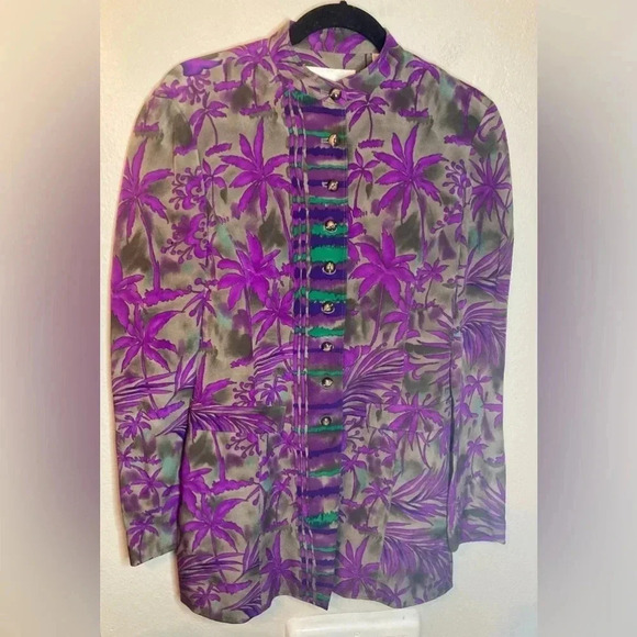 Vintage Dana Buchman Silk Tropical Print Long Sleeve Shirt Size 6 Purple - Picture 7 of 8